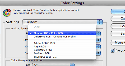 Change the RGB color profile in Photoshop